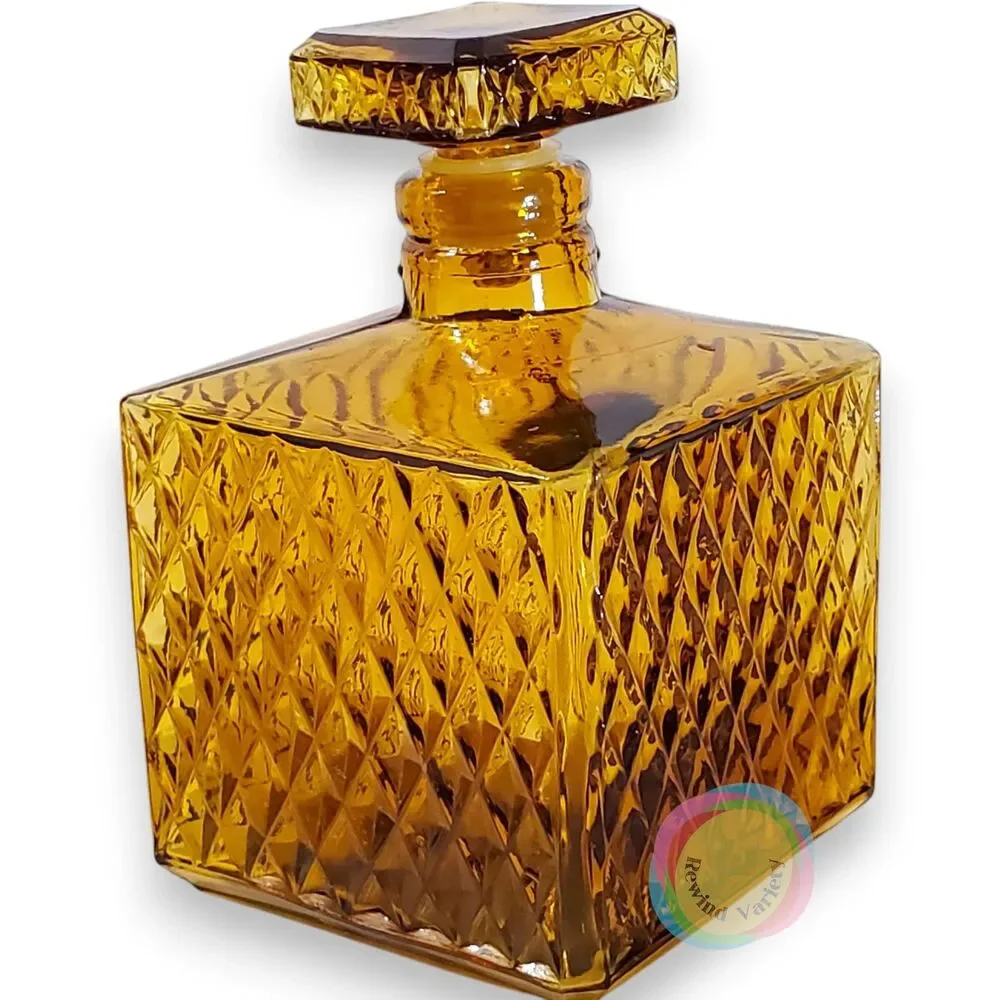 Vintage Mid Century Amber Glass Diamond Decanter Set Taiwan